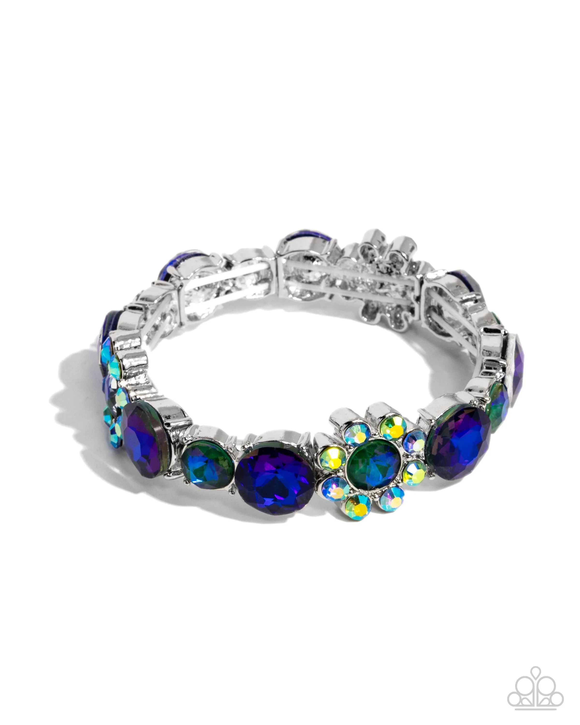 Floral Find - Green - and Blue Iridescent Rhinestone Flower Paparazzi Stretchy Bracelet