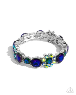 Floral Find - Green - and Blue Iridescent Rhinestone Flower Paparazzi Stretchy Bracelet