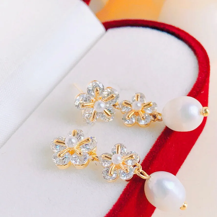 Flower Pearl Drop Earrings
