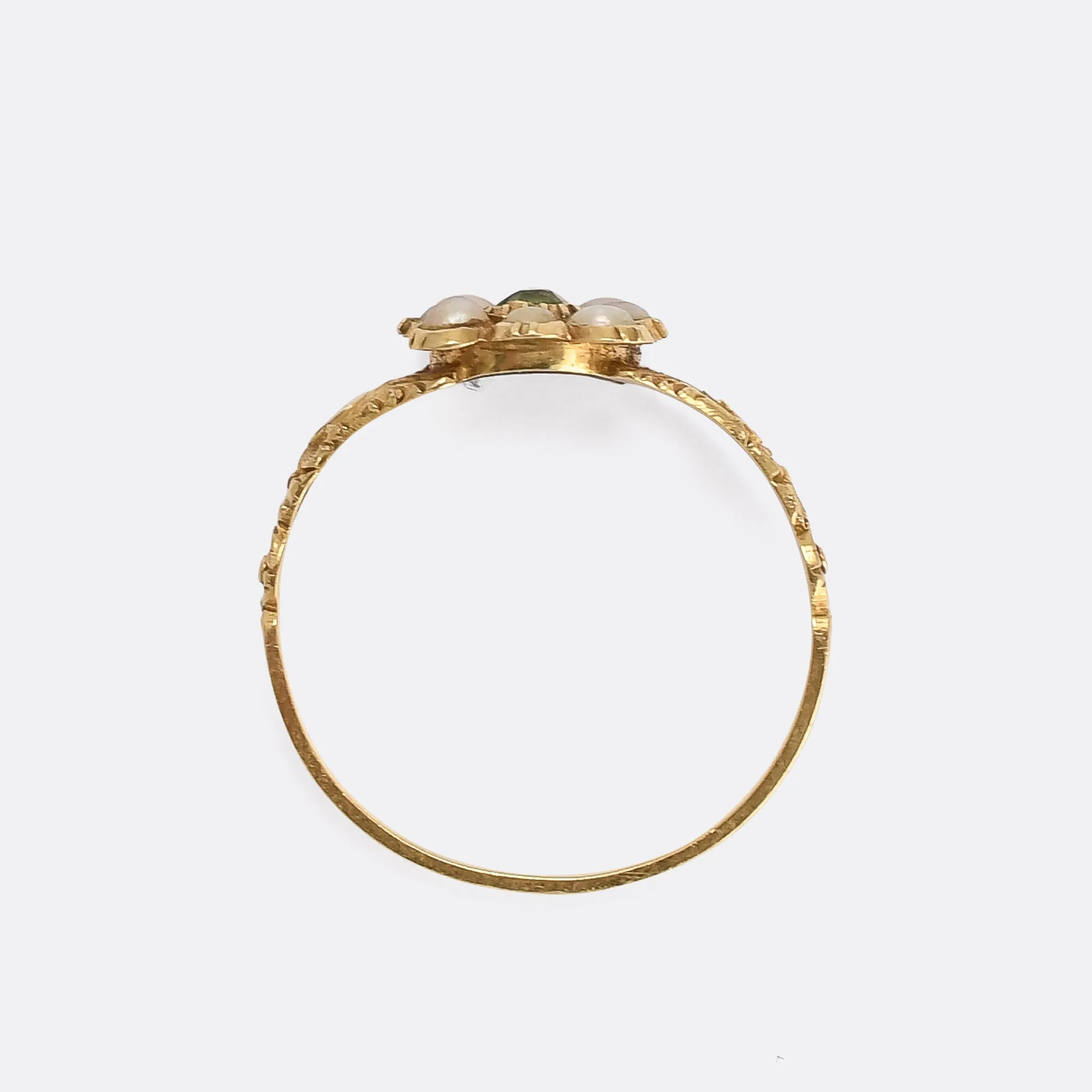 Georgian Emerald & Pearl Cushion Cluster Ring