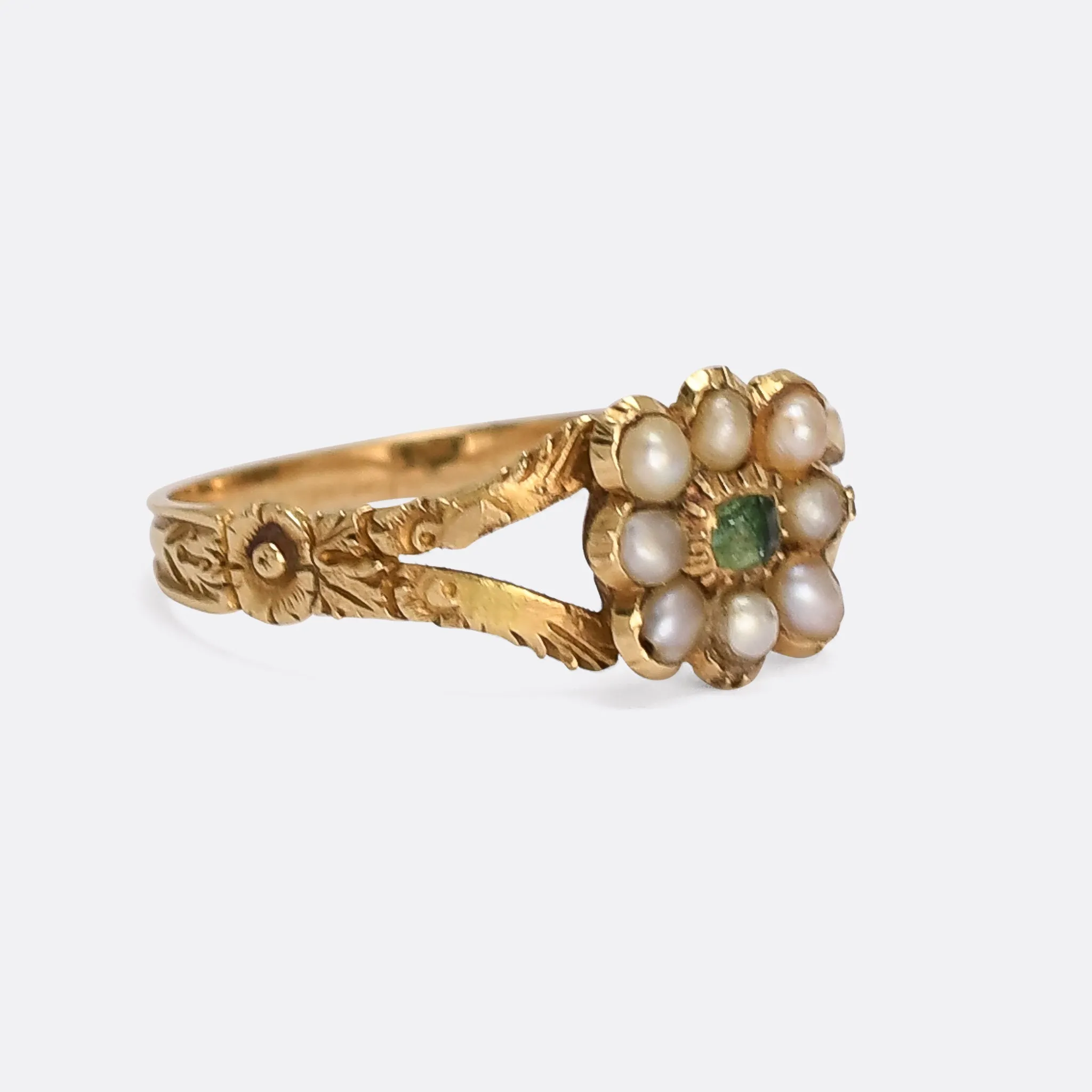 Georgian Emerald & Pearl Cushion Cluster Ring