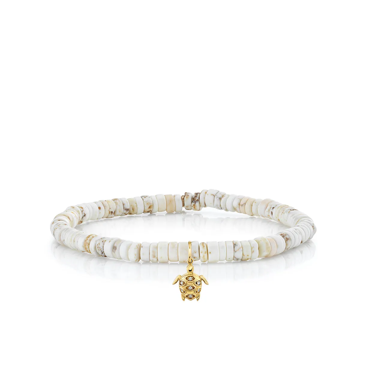 Gold & Diamond Small Turtle on White Turquoise Heishi