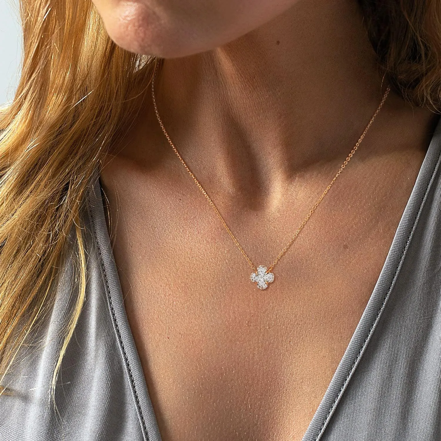 Gold Necklace for Women 14K Gold Plated Simple Chain Clover Pendant Necklace Cute CZ Solitaire Lucky Necklace Dainty Gold Jewelry for Women