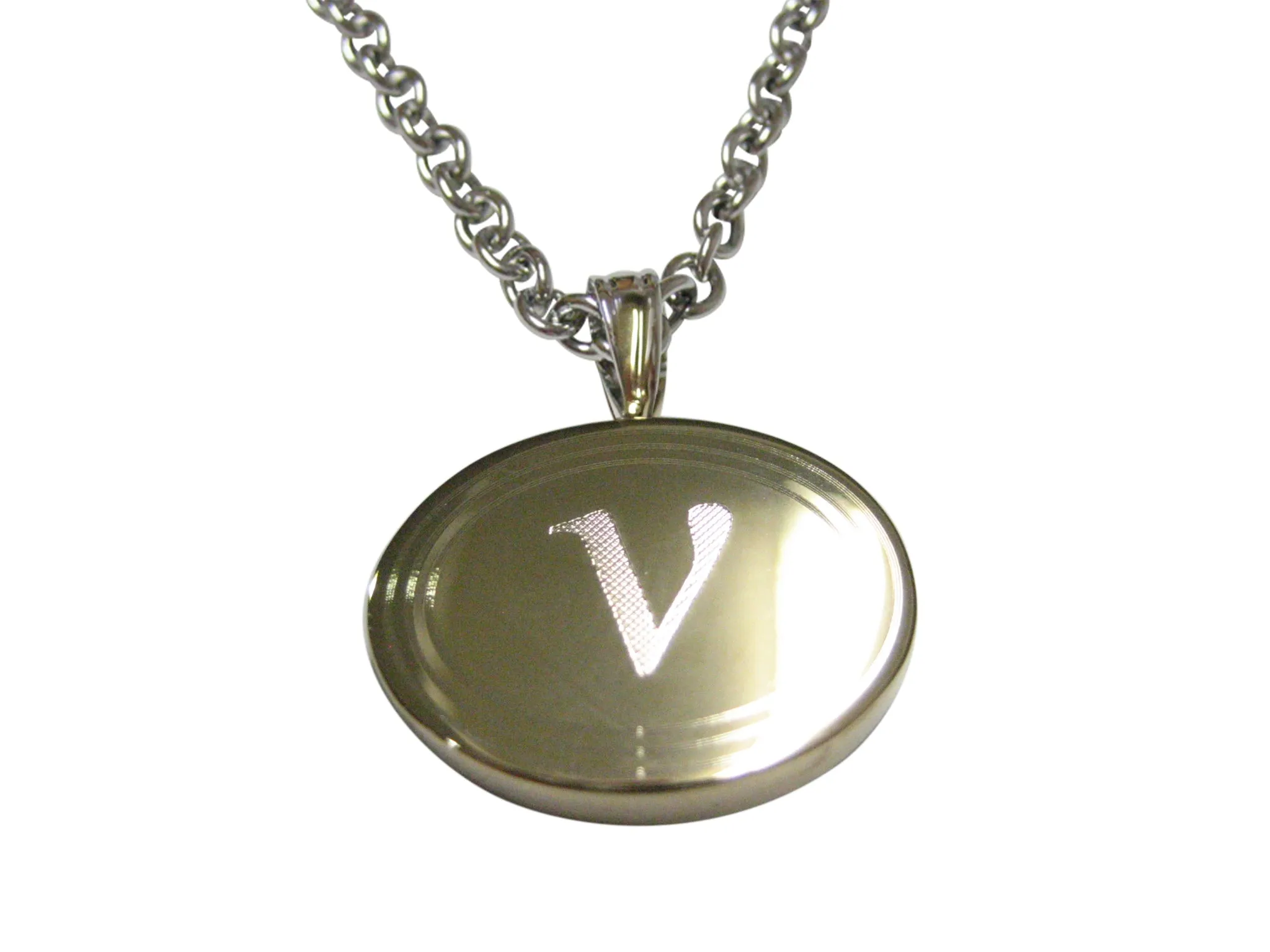 Gold Toned Etched Oval Greek Letter Nu Pendant Necklace