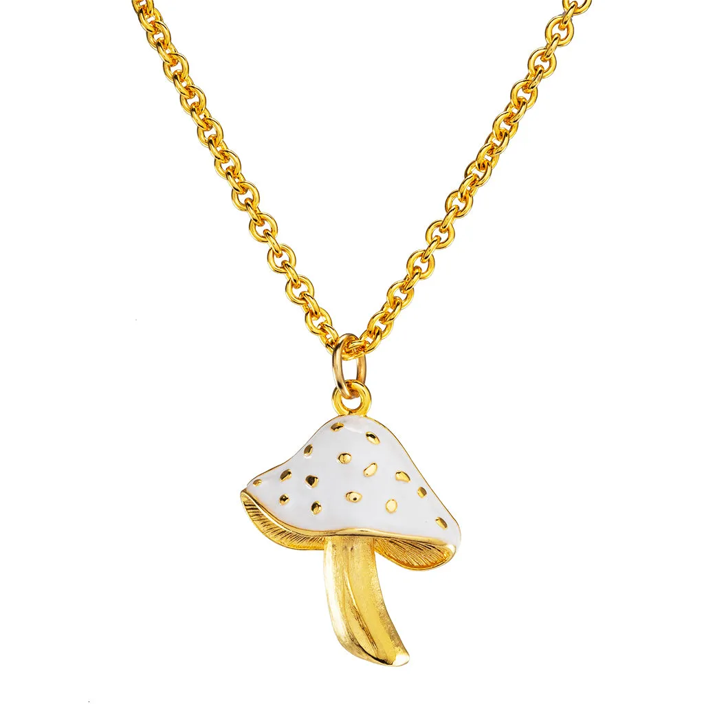 Goldtone White Mushroom Pendant Necklace 18"