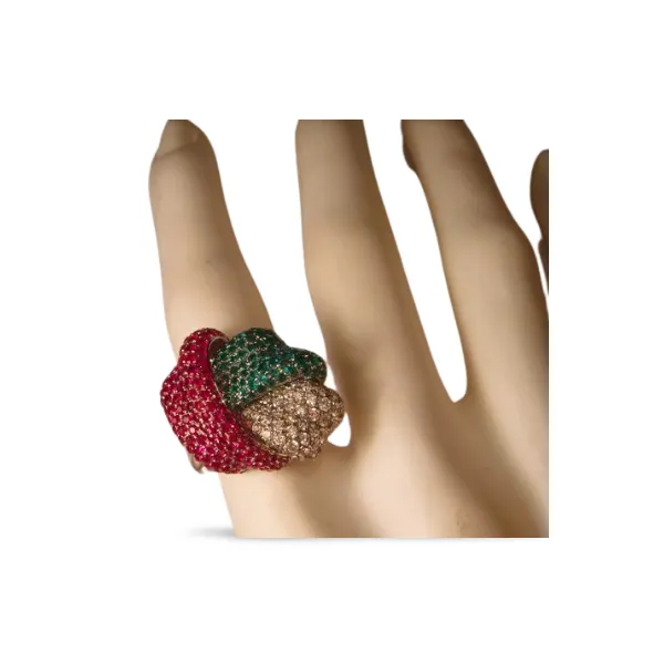 Gorgeous 18K White Gold Diamond Emerald Ruby Knot Band Ring