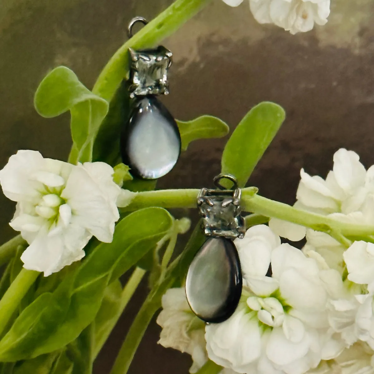 Green Amethyst & Gray Mother of Pearl Clip Earrings