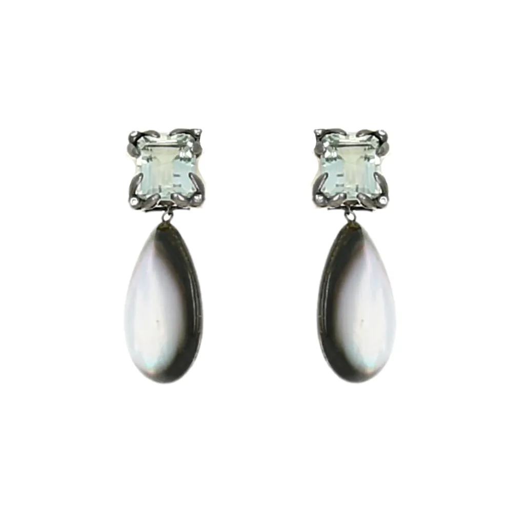 Green Amethyst & Gray Mother of Pearl Clip Earrings