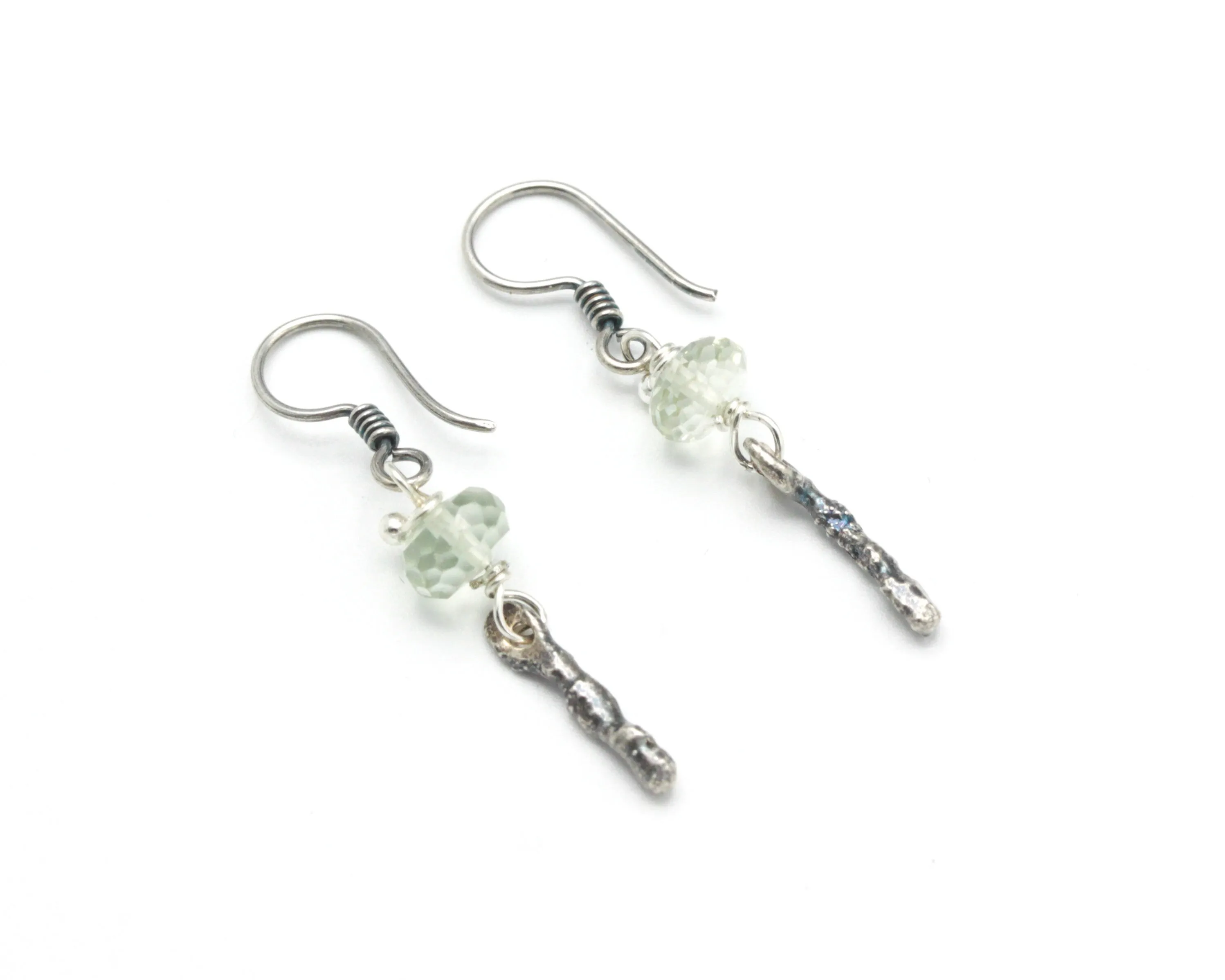 Green Amethyst beads earrings with silver stick on oxidized sterling silver hooks style