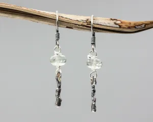 Green Amethyst beads earrings with silver stick on oxidized sterling silver hooks style