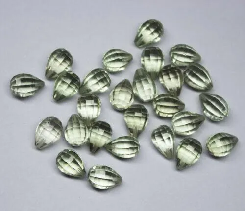Green Amethyst Step Cut Drops Briolette Beads Half Drill 10 Matched Pairs, 20 pieces 7x10mm