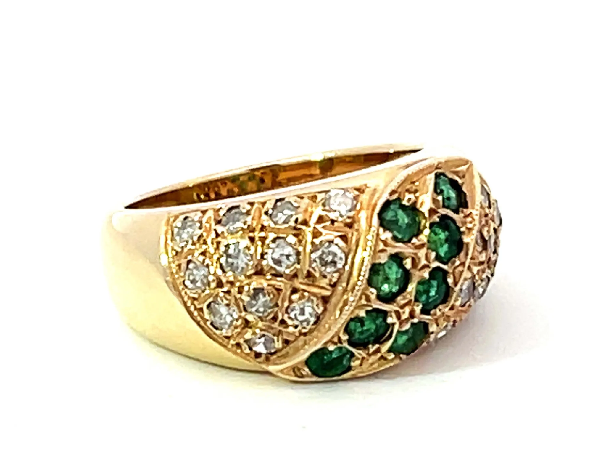 Green Emerald and Diamond Studded Dome Ring in 14k Yellow Gold
