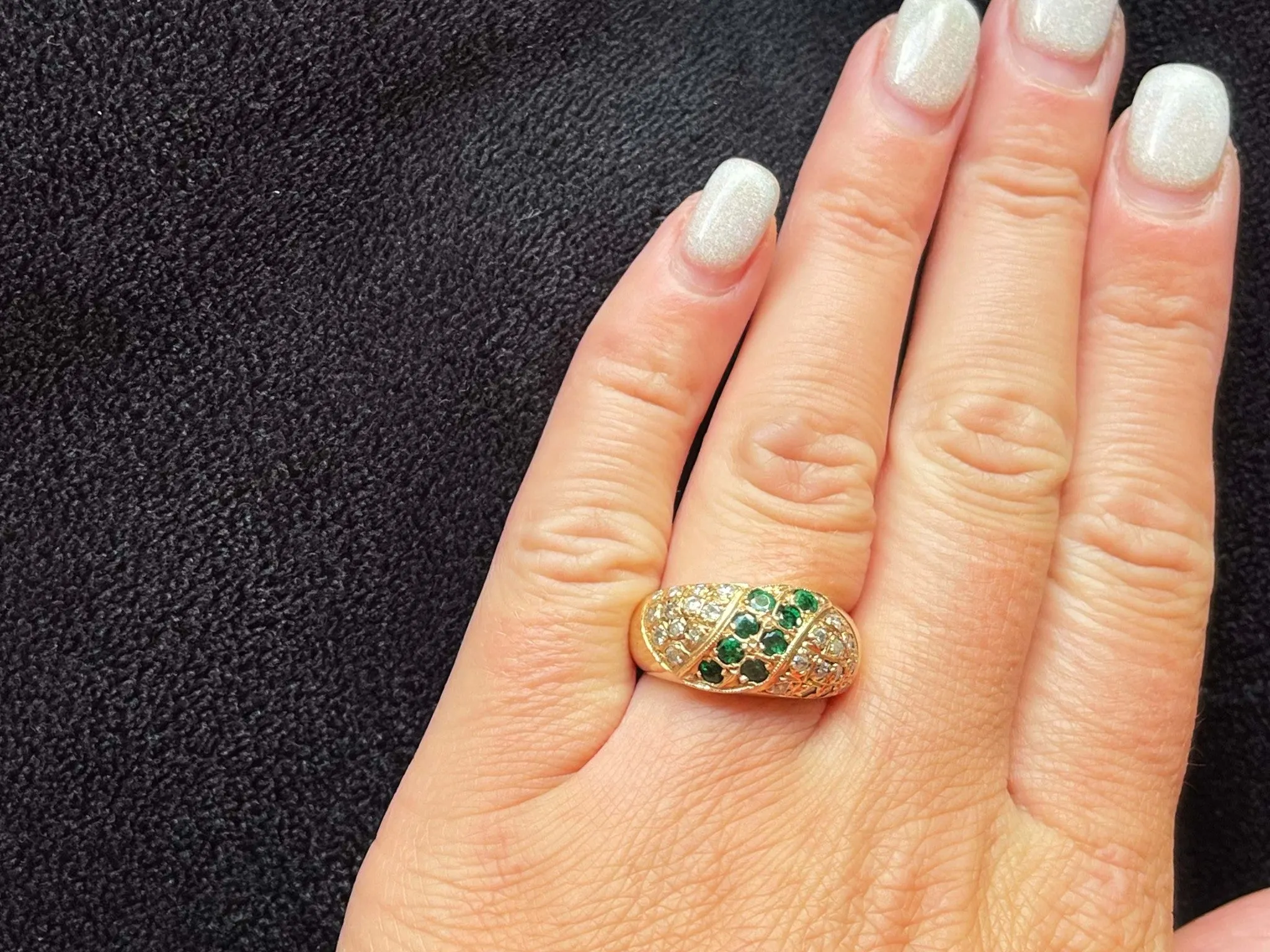 Green Emerald and Diamond Studded Dome Ring in 14k Yellow Gold