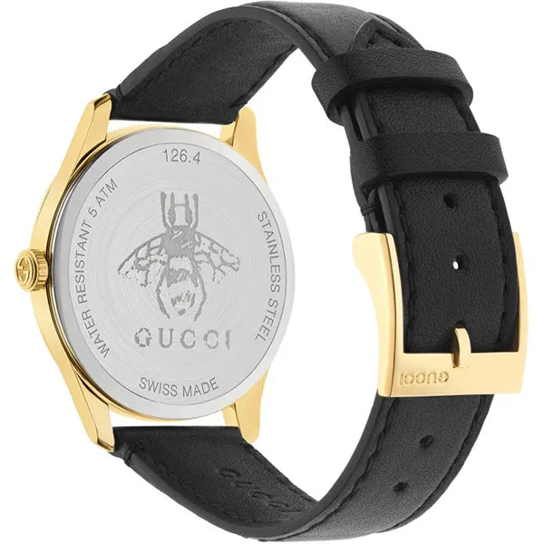 Gucci G-Timeless Black Leather Mother of Pearl Dial Quartz Watch for Ladies- GUCCI YA1264044
