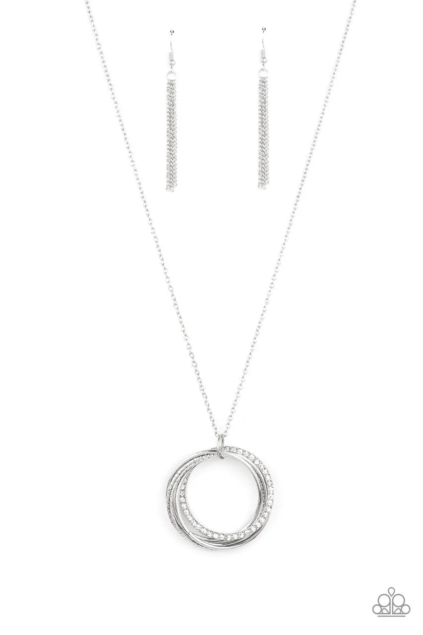 Harmonic Halos - White - Rhinestone and Silver Hoop Paparazzi Long Necklace