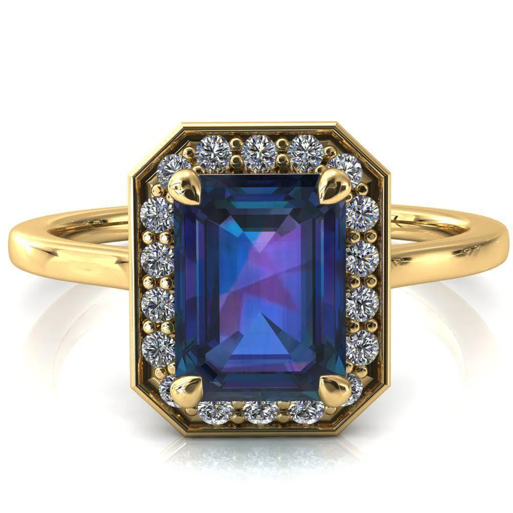 Holly Emerald Alexandrite 4 Prong Pinpoint Floating Halo Scalloped Cathedral Ring