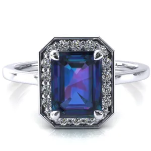 Holly Emerald Alexandrite 4 Prong Pinpoint Floating Halo Scalloped Cathedral Ring