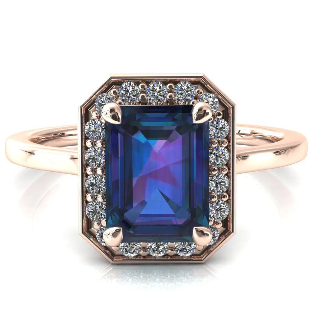 Holly Emerald Alexandrite 4 Prong Pinpoint Floating Halo Scalloped Cathedral Ring
