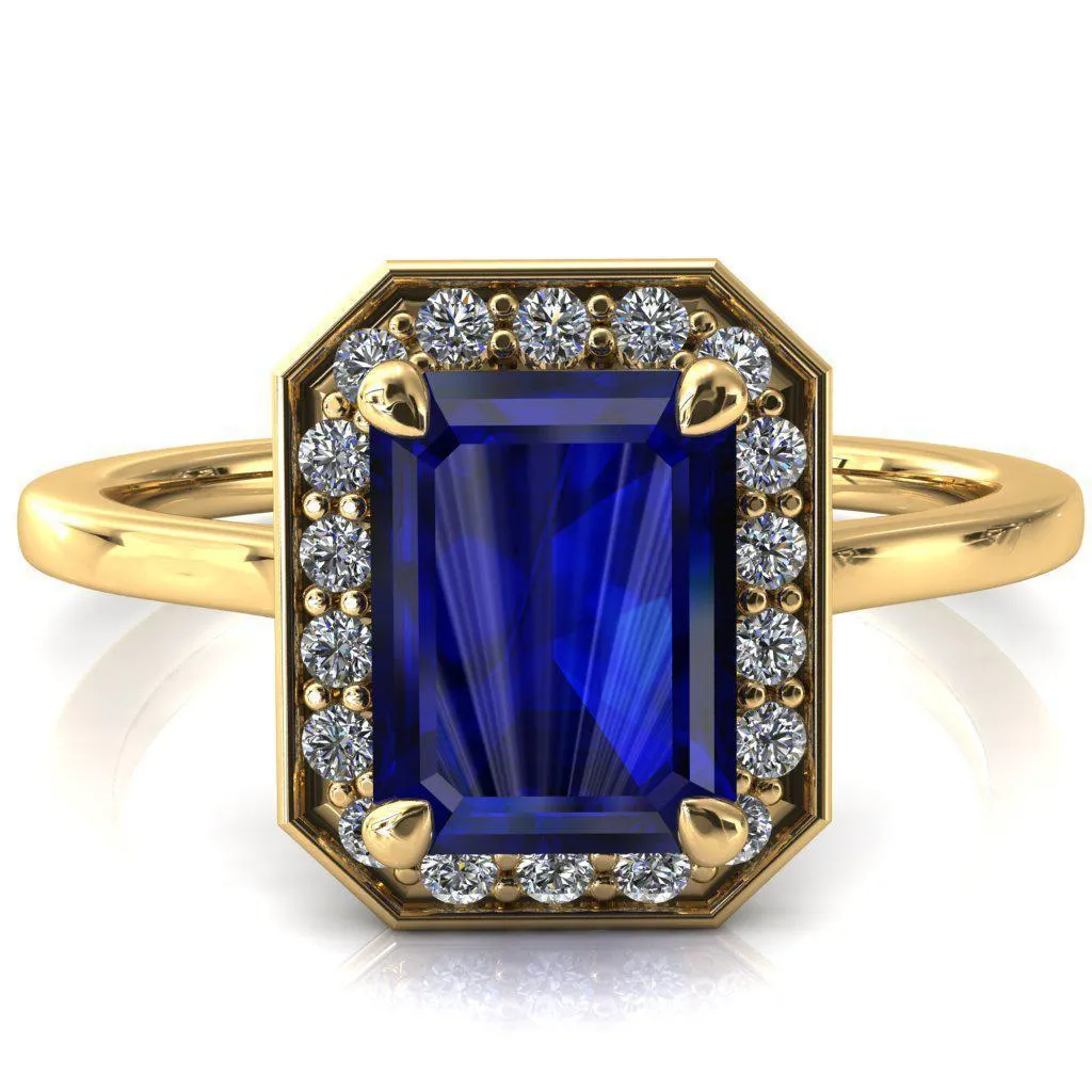 Holly Emerald Blue Sapphire 4 Prong Pinpoint Floating Halo Scalloped Cathedral Ring
