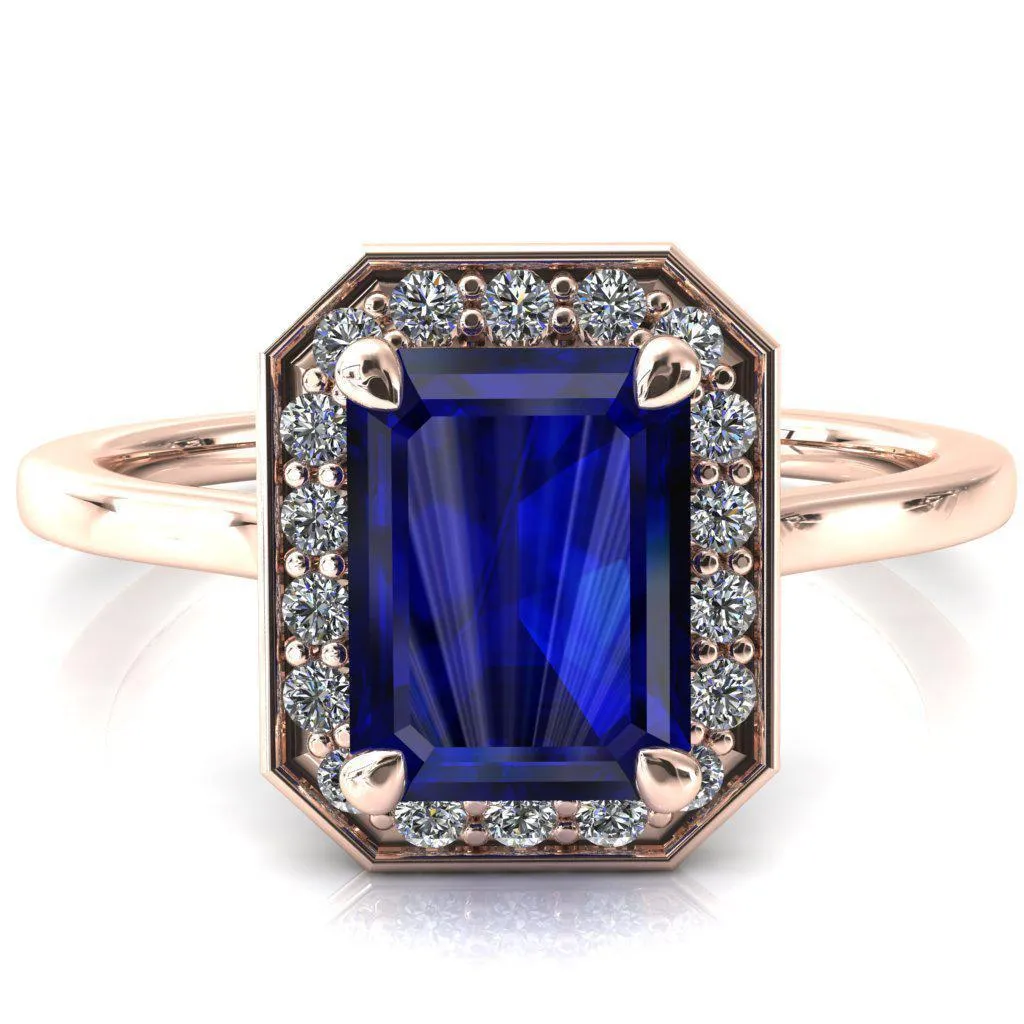 Holly Emerald Blue Sapphire 4 Prong Pinpoint Floating Halo Scalloped Cathedral Ring