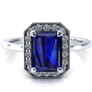 Holly Emerald Blue Sapphire 4 Prong Pinpoint Floating Halo Scalloped Cathedral Ring