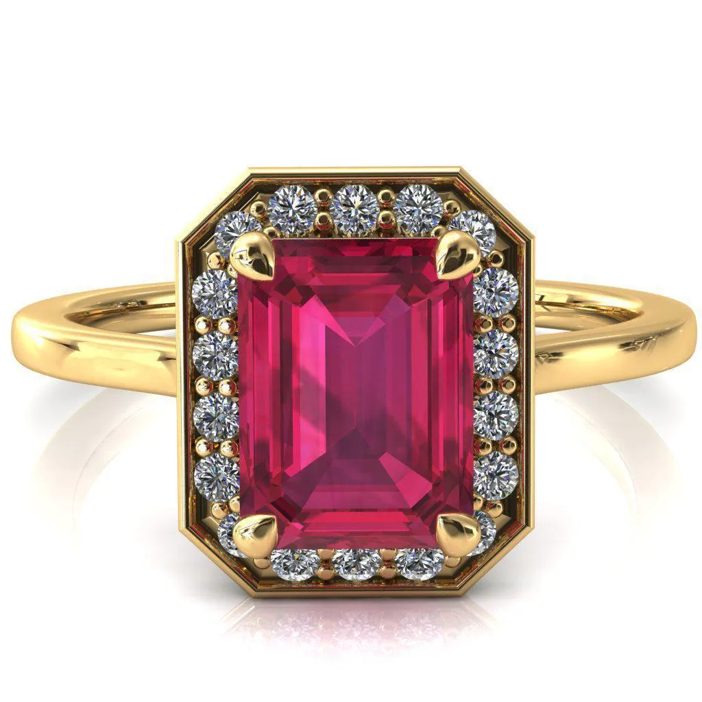 Holly Emerald Ruby 4 Prong Pinpoint Floating Halo Scalloped Cathedral Ring