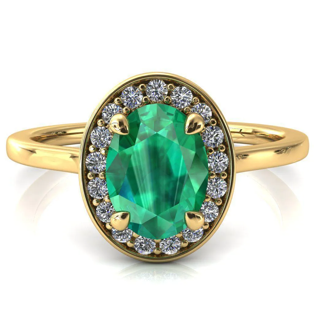 Holly Oval Emerald 4 Prong Pinpoint Floating Halo Scalloped Cathedral Ring