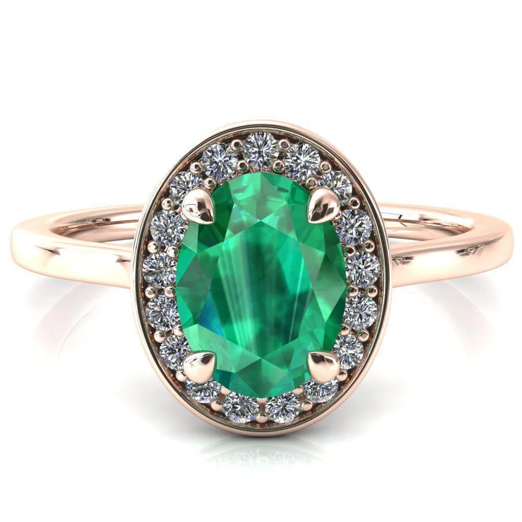 Holly Oval Emerald 4 Prong Pinpoint Floating Halo Scalloped Cathedral Ring