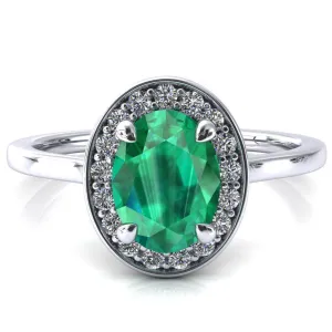 Holly Oval Emerald 4 Prong Pinpoint Floating Halo Scalloped Cathedral Ring