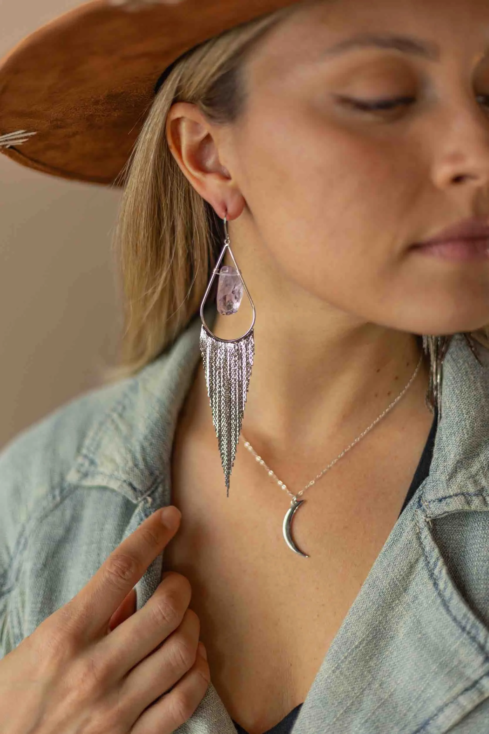 Intuition Amethyst Crystal Silver Fringe Earrings