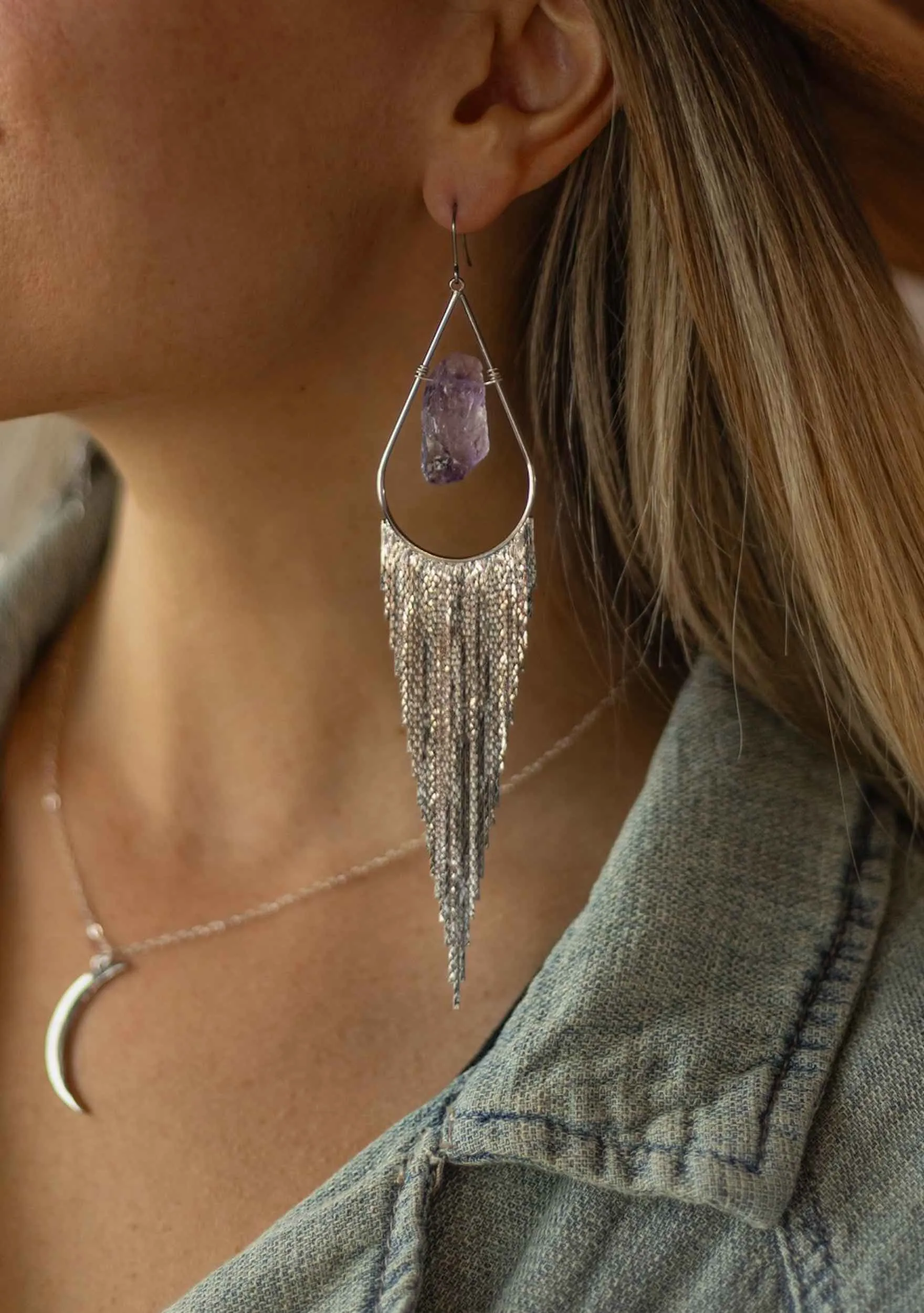 Intuition Amethyst Crystal Silver Fringe Earrings