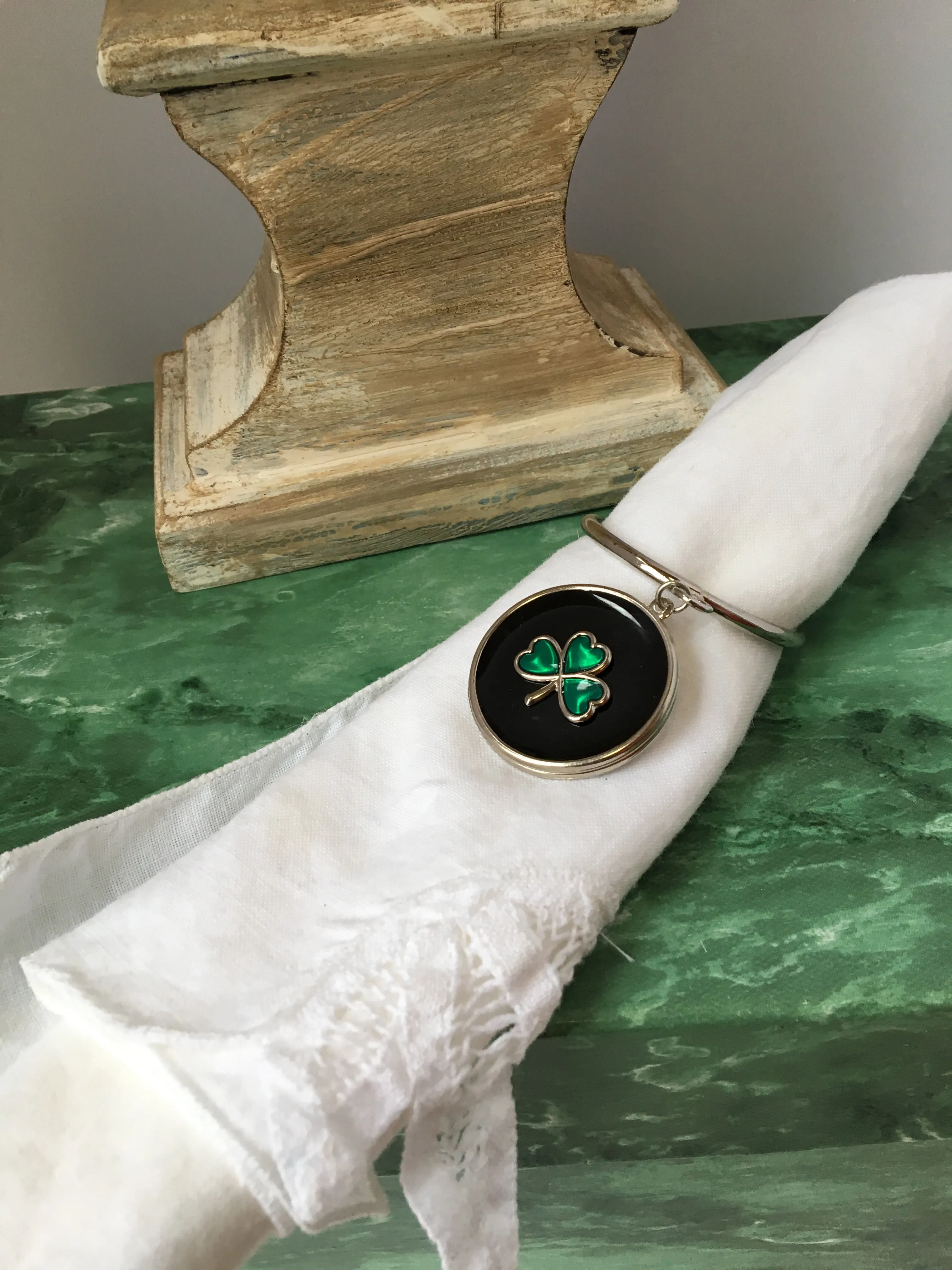Irish Napkin Rings,  Set of 4, Handmade, Black and Emerald Green Shamrock