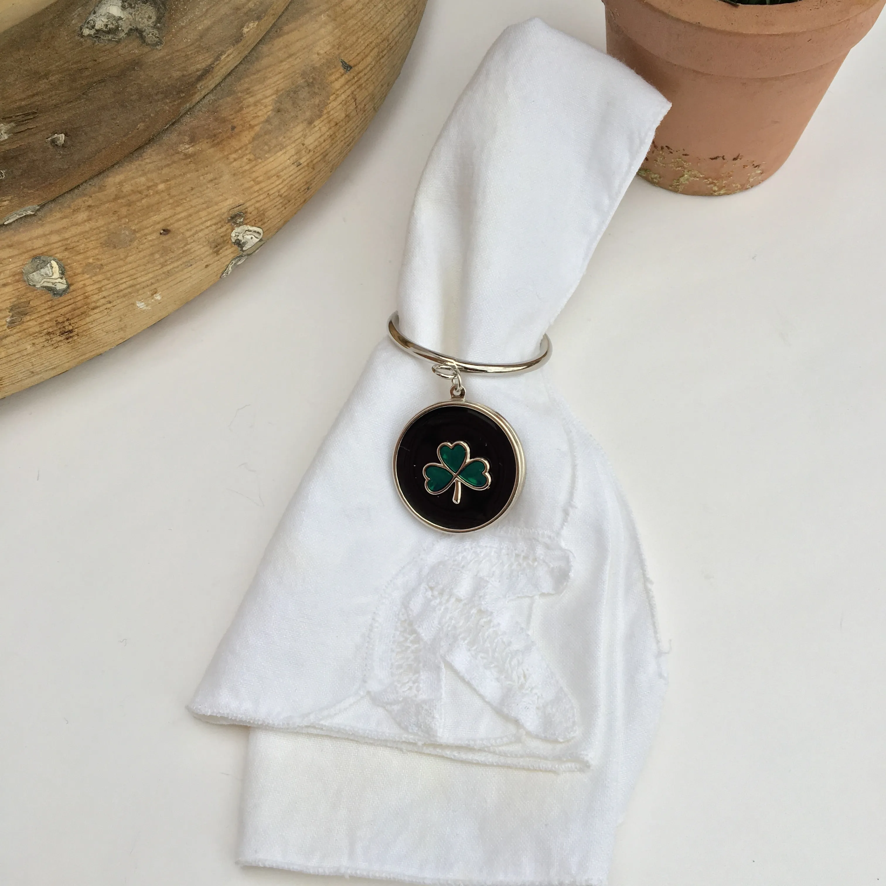 Irish Napkin Rings,  Set of 4, Handmade, Black and Emerald Green Shamrock