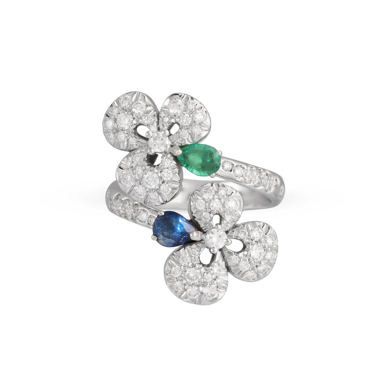 Ischia 18K White Gold Diamond Pavé Sapphires & Emeralds Ring