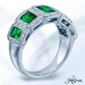 JB STAR EMERALD AND DIAMOND PLATINUM BAND HANDCRAFTED WITH FIVE STUNNING EMERALD-CUT EMERALDS, EACH