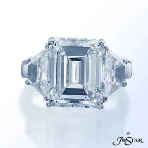 JB STAR PLATINUM DIAMOND RING FEATURING A MAGNIFICENT 6.76 CT EMERALD-CUT DIAMOND ACCENTED BY PERFEC