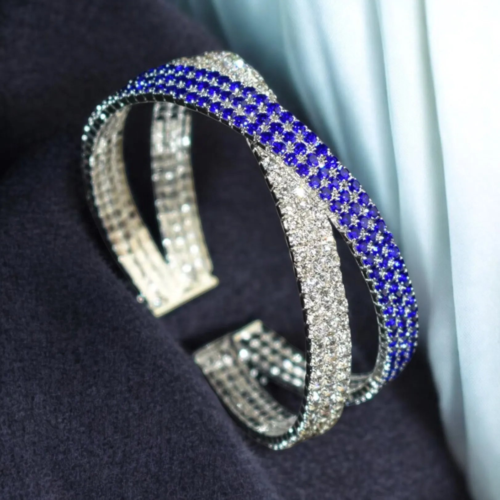 JEWEL - clear sapphire criss cross adjustable rhinestone bracelet