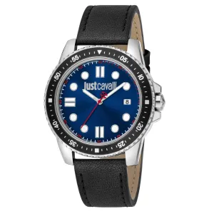Just Cavalli Young Subacqueo Gents  Blue Dial Stainless Steel Silver Black Case Black Leather Starp Watch Leather