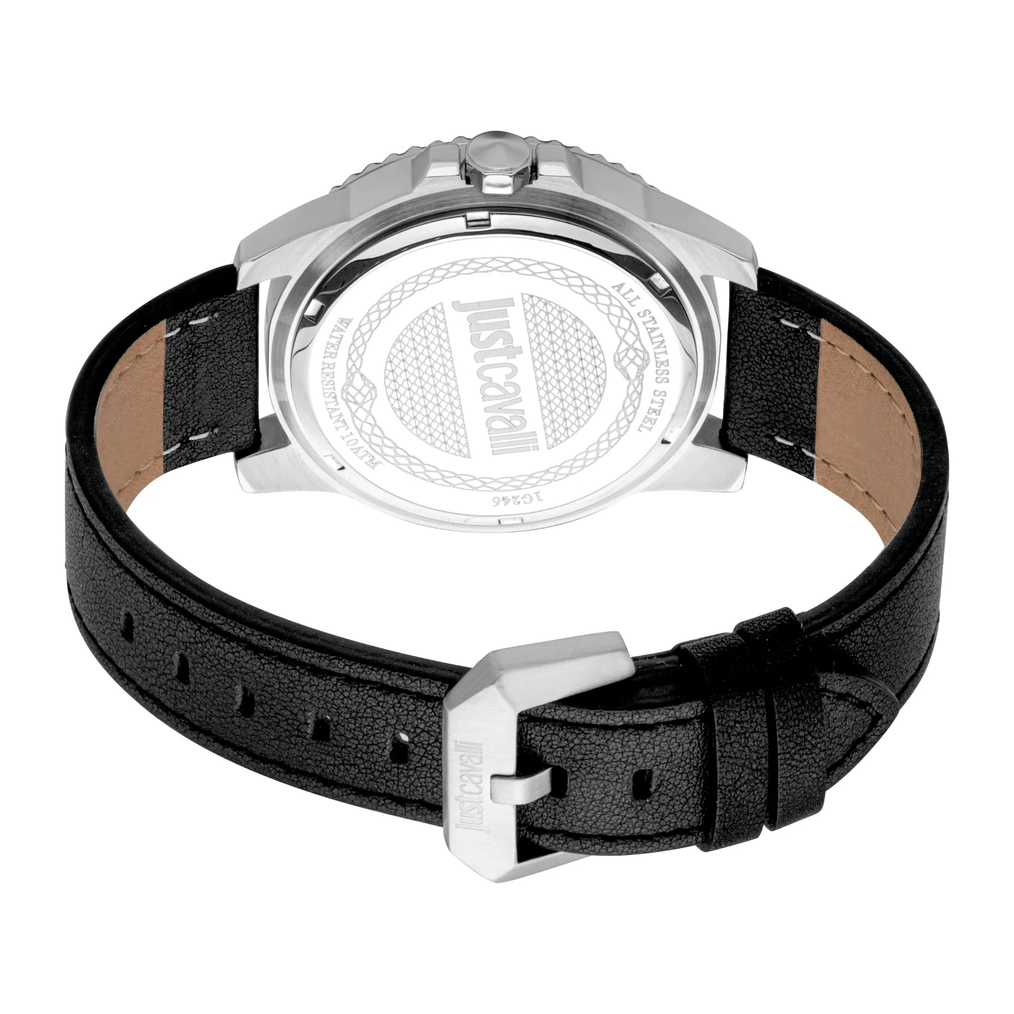 Just Cavalli Young Subacqueo Gents  Blue Dial Stainless Steel Silver Black Case Black Leather Starp Watch Leather
