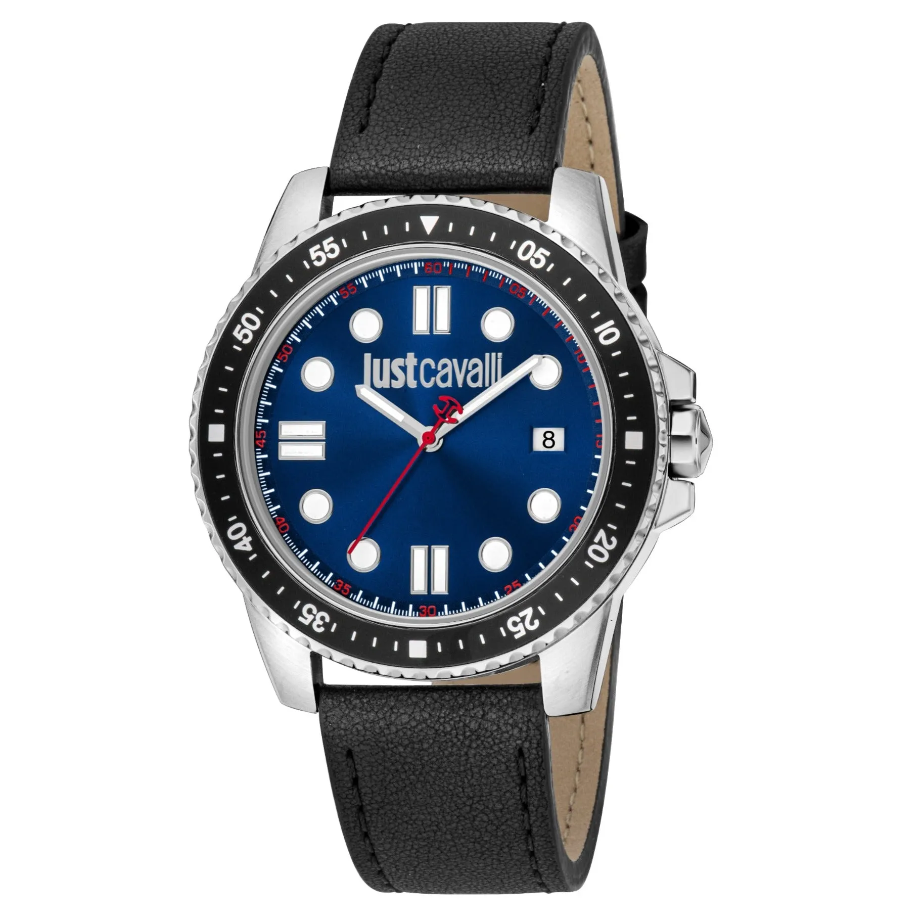 Just Cavalli Young Subacqueo Gents  Blue Dial Stainless Steel Silver Black Case Black Leather Starp Watch Leather