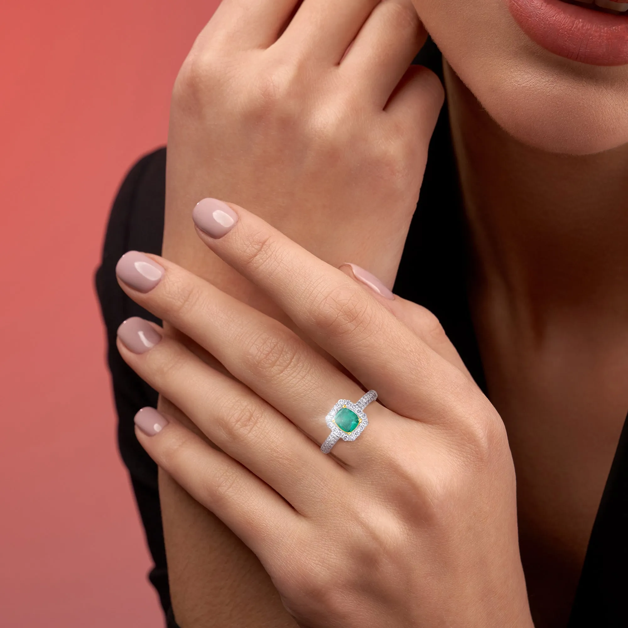 Kallati Heirloom Emerald-Cut Halo Emerald & Diamond Engagement Ring in 14K White Gold