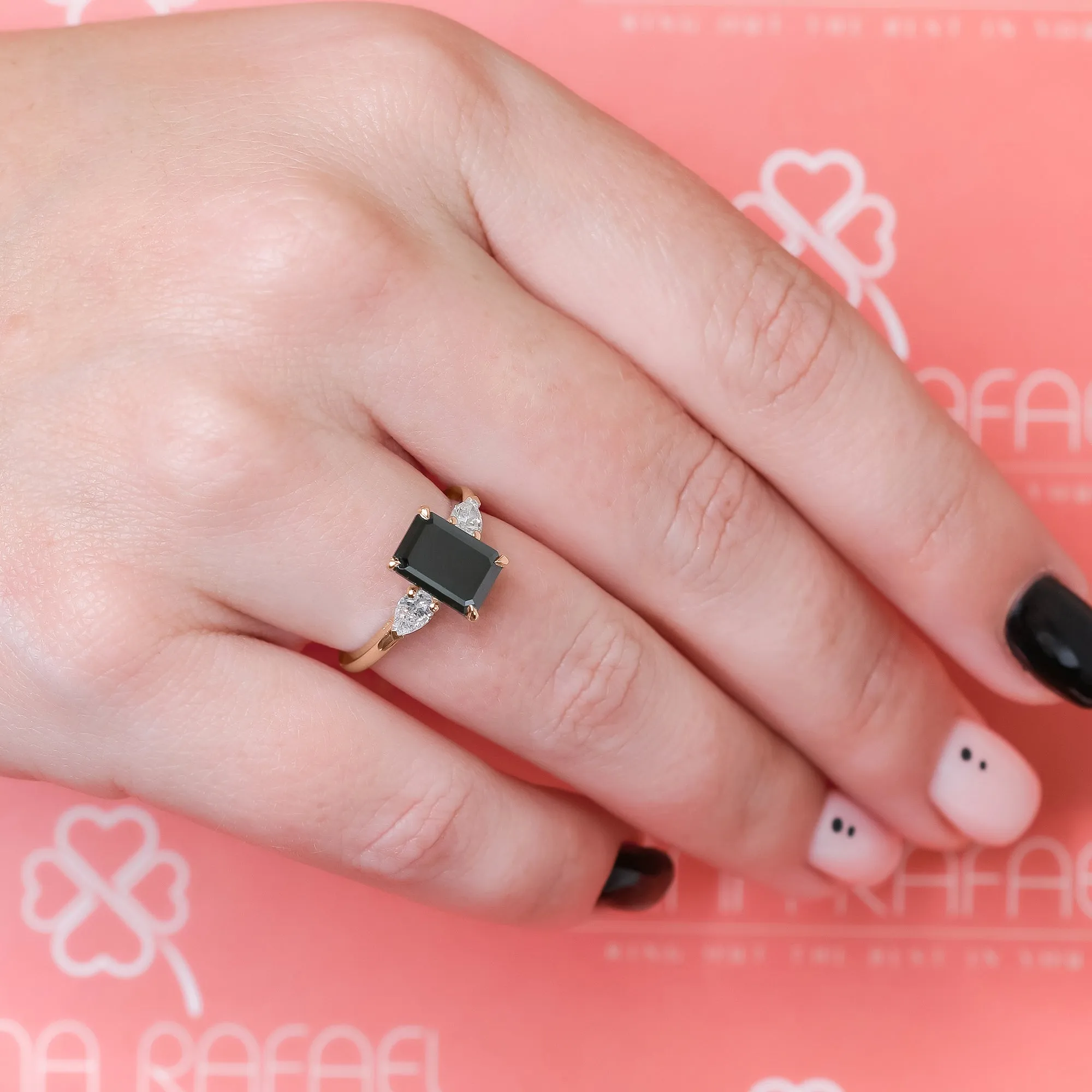 Kamari Three Stone Black & White Natural Diamond Emerald Cut Engagement Ring