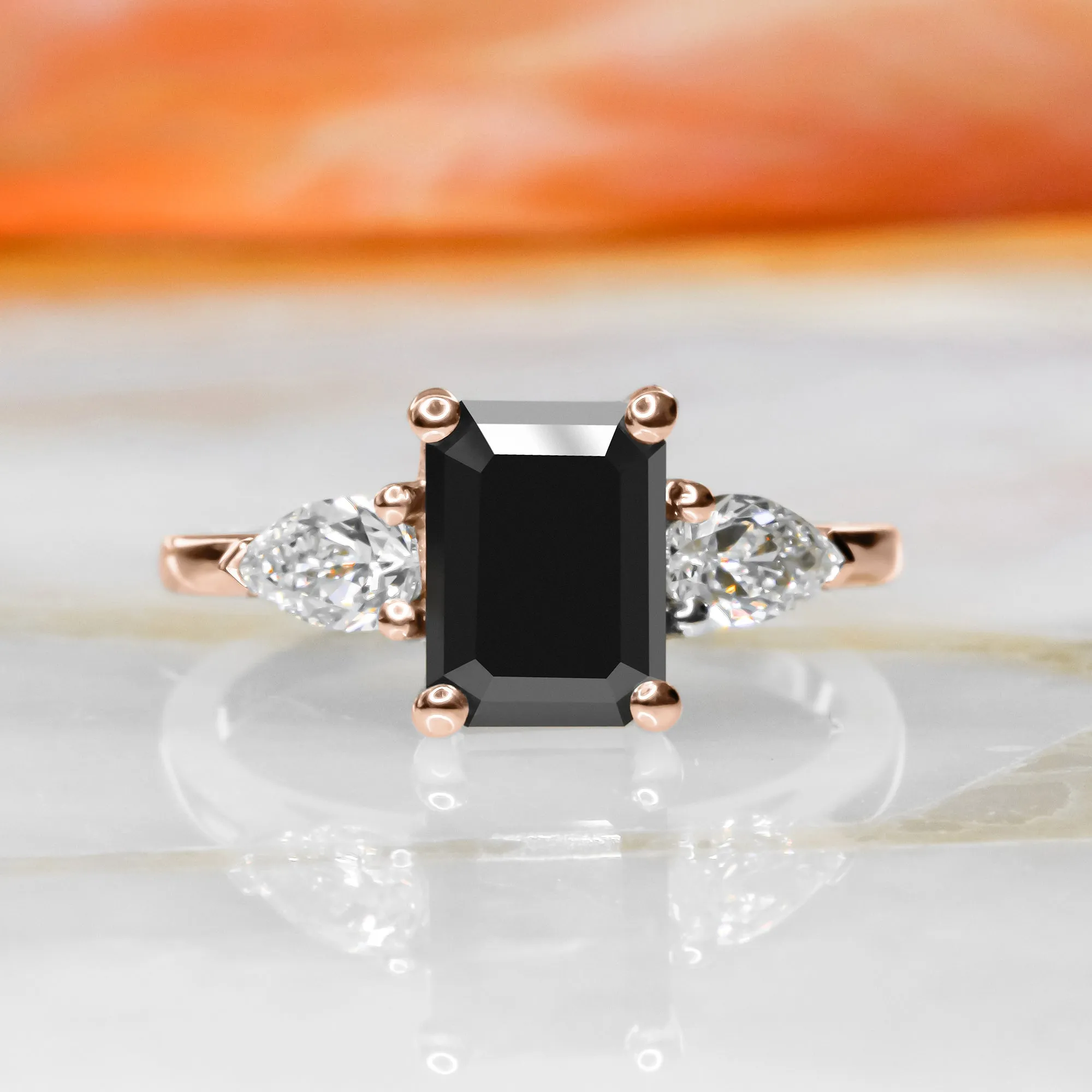 Kamari Three Stone Black & White Natural Diamond Emerald Cut Engagement Ring