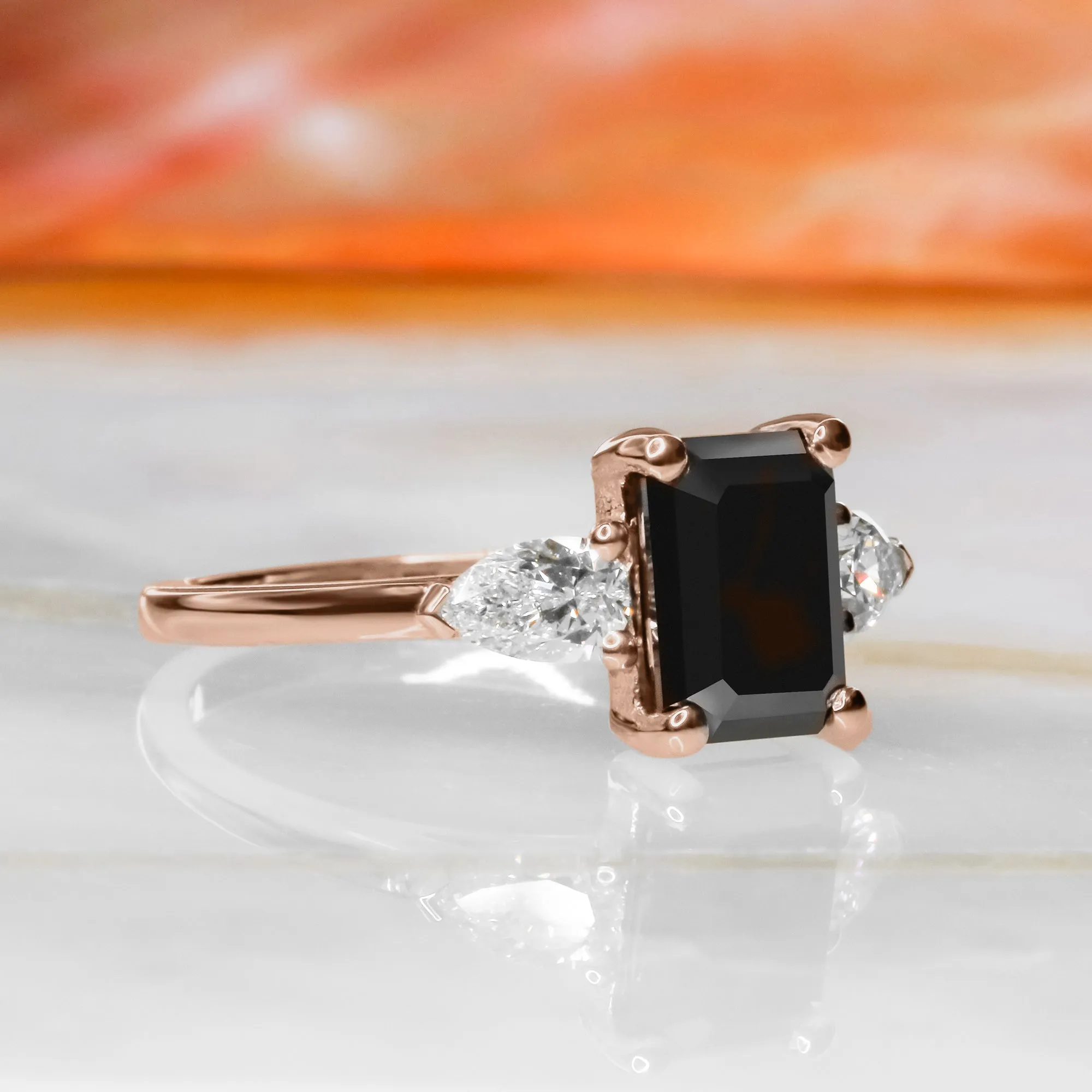 Kamari Three Stone Black & White Natural Diamond Emerald Cut Engagement Ring