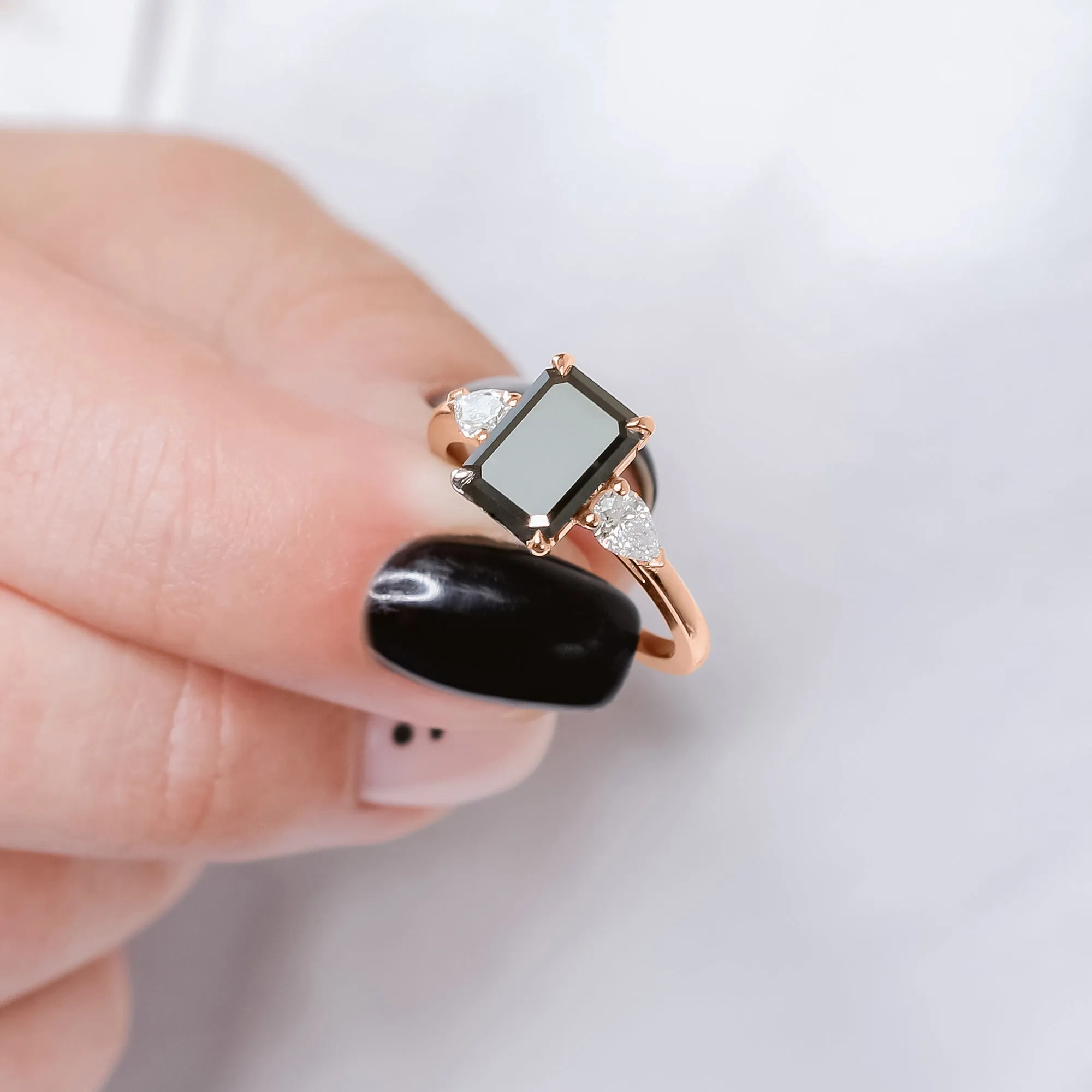 Kamari Three Stone Black & White Natural Diamond Emerald Cut Engagement Ring
