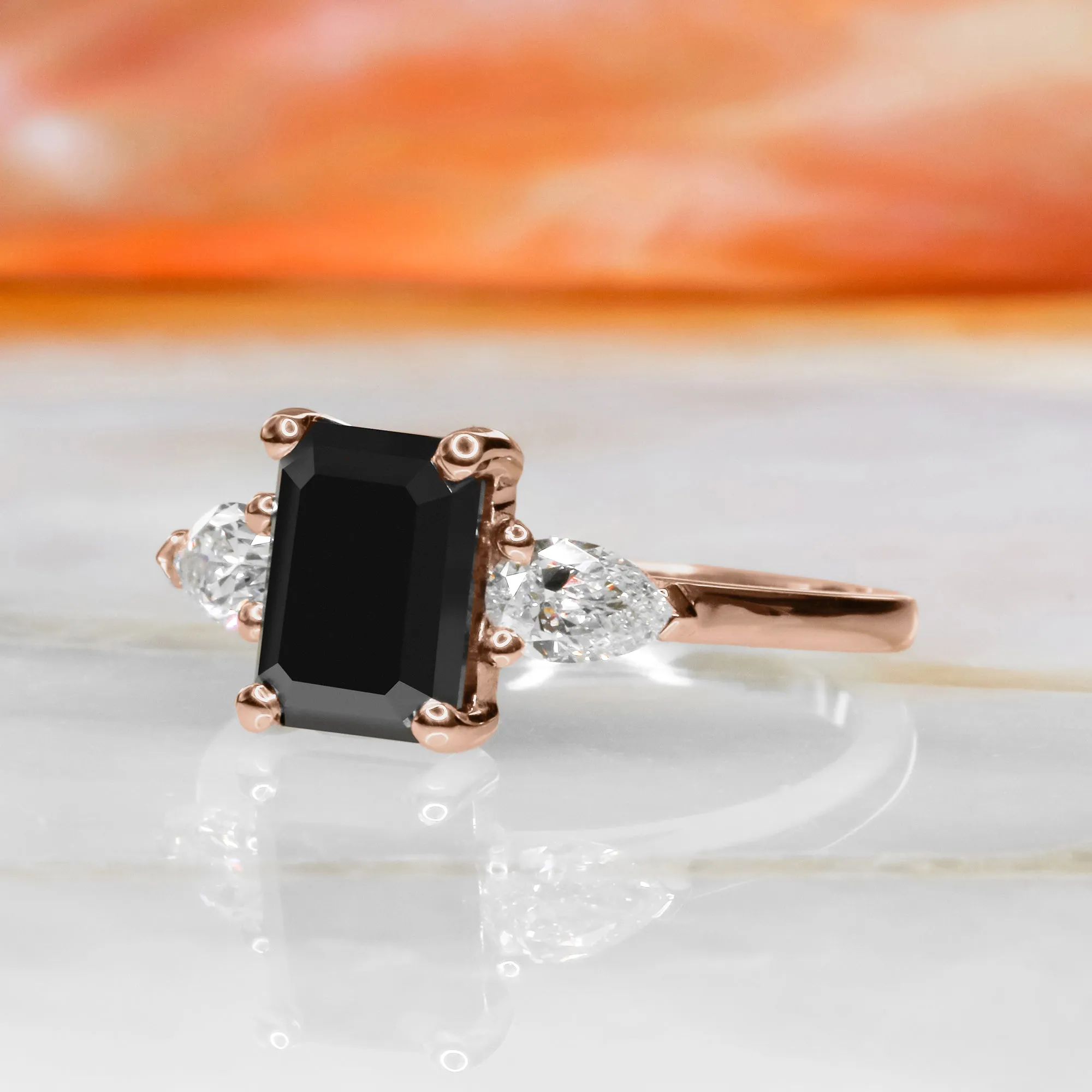 Kamari Three Stone Black & White Natural Diamond Emerald Cut Engagement Ring