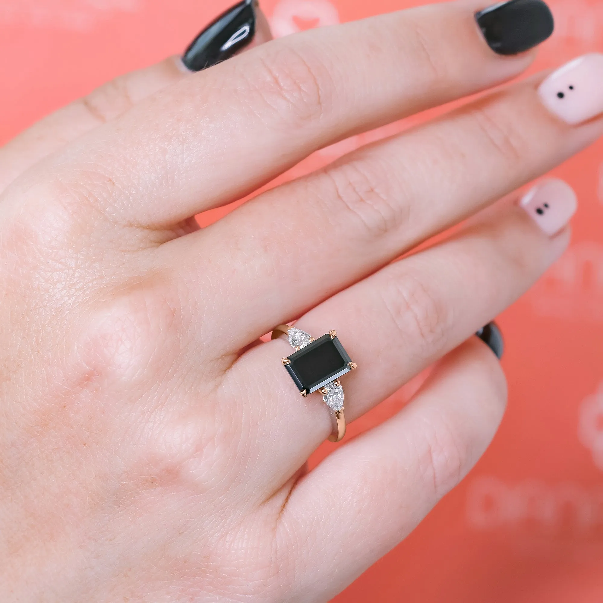 Kamari Three Stone Black & White Natural Diamond Emerald Cut Engagement Ring