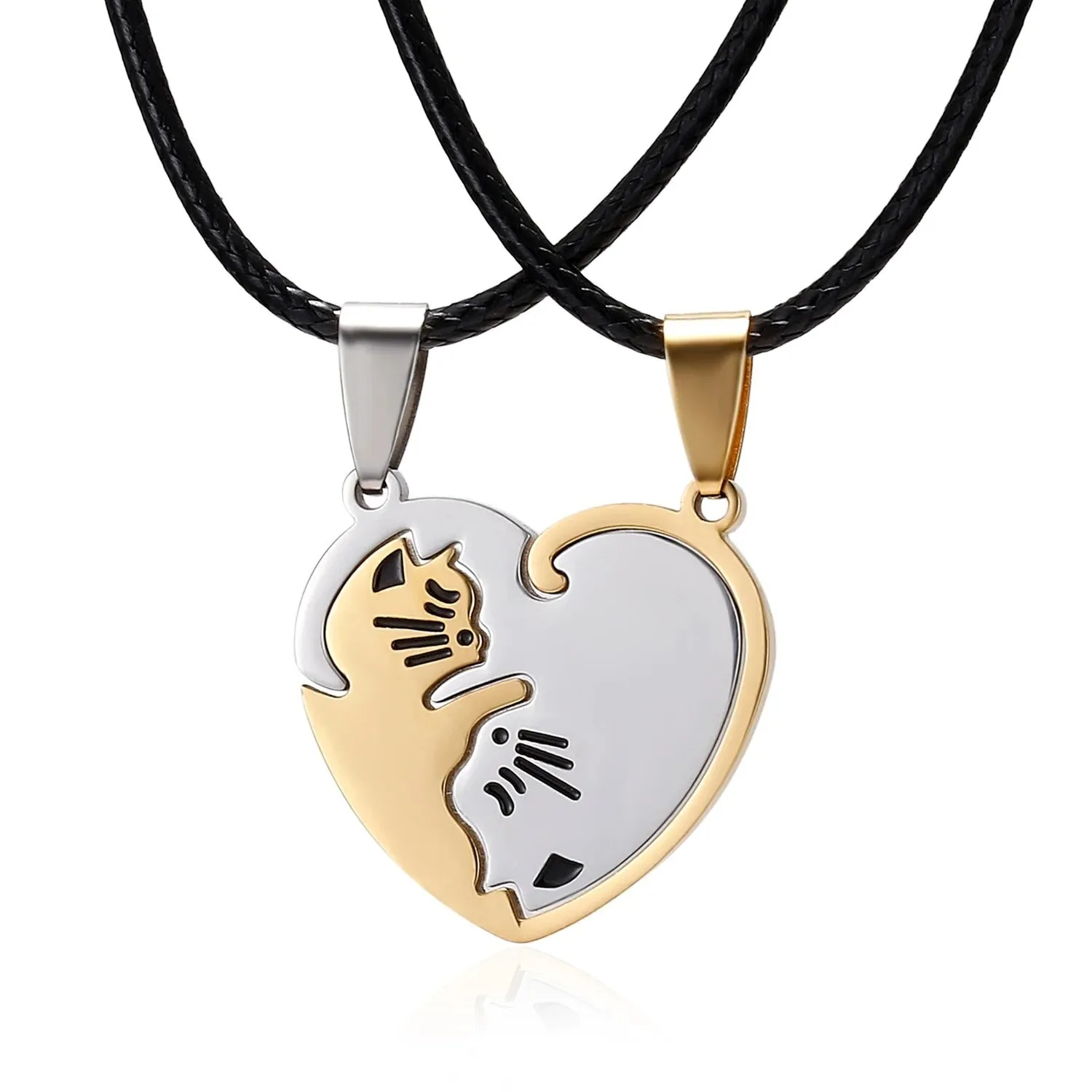 Kawaii Touching Embracing Cat Puzzle Couple Necklace Cute Cartoon Animal Kitten Pendant Necklace Romantic Jewelry Birthday Gifts