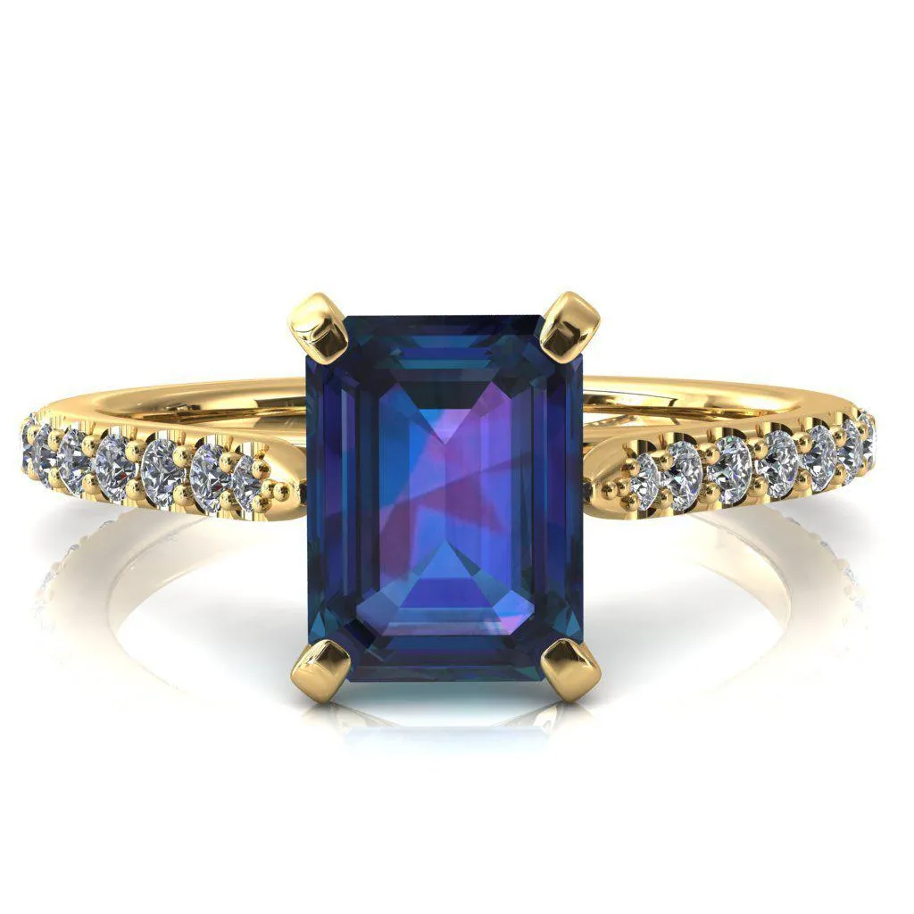 Kelsy Emerald Alexandrite 4 Prong 3/4 Shared Scalloped Inverted Cathedral Ring