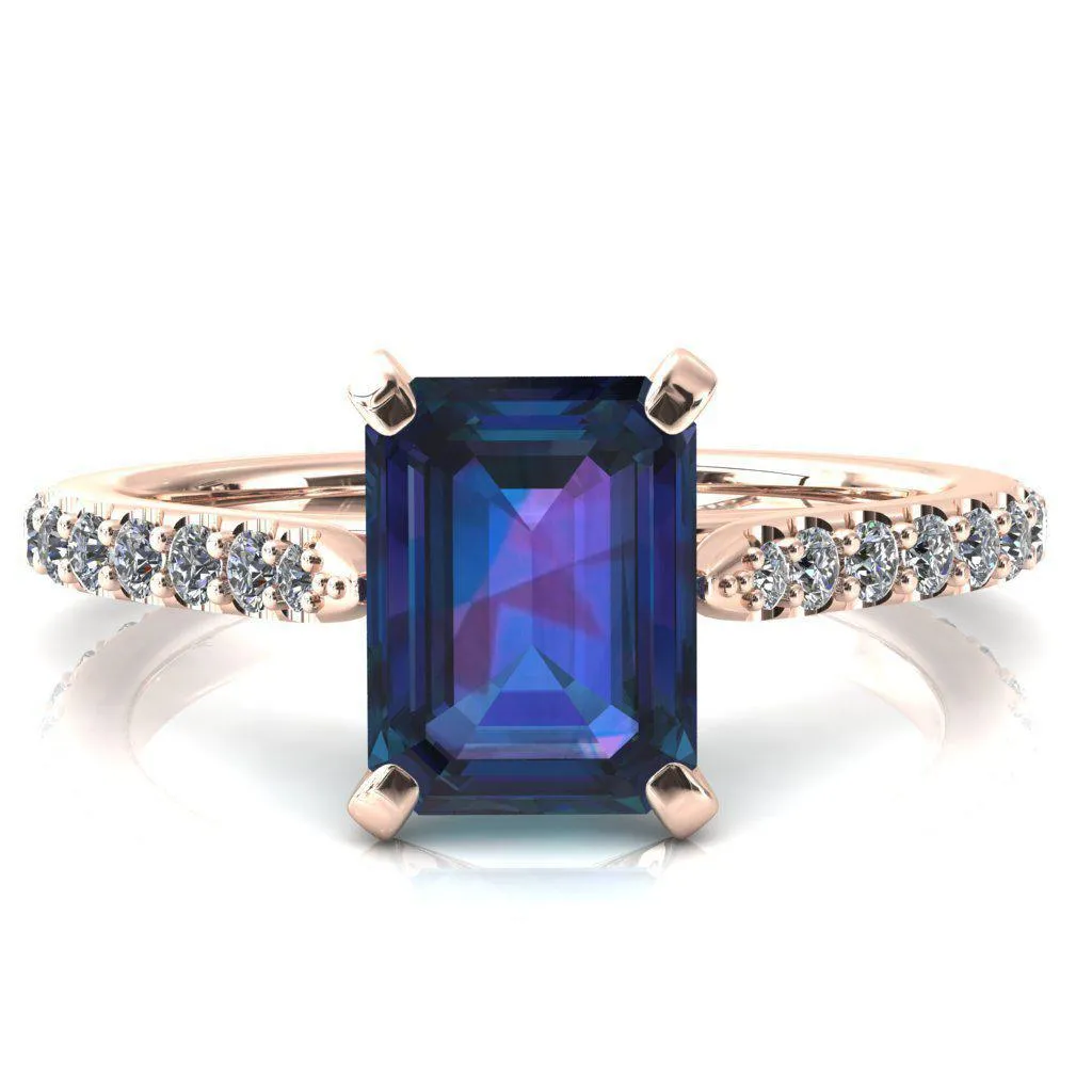 Kelsy Emerald Alexandrite 4 Prong 3/4 Shared Scalloped Inverted Cathedral Ring